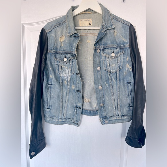 Rag & Bone Women's Tattered Jean Jacket with Black Lamb Leather Sleeves - Picture 4 of 6